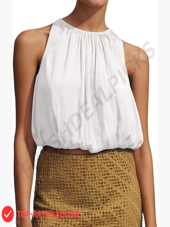 Tops - Sleeveless Puffy Hem Bubble Crop Tank Top Casual Dressy Going Out Blouse